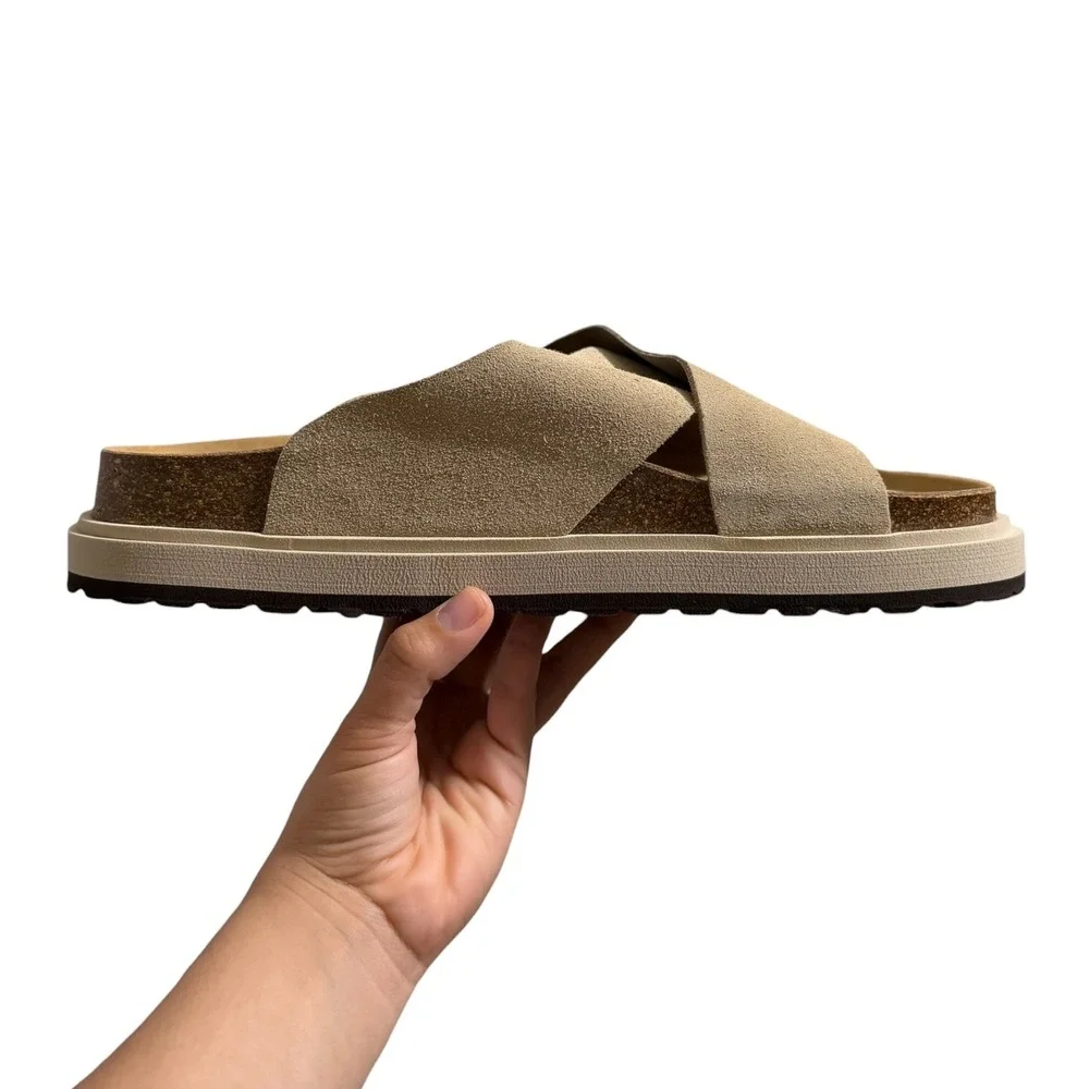Zara SRPLS Suede Leather Criss-Cross Slide Sandals Sand Beige Mules Men's 11 NWT